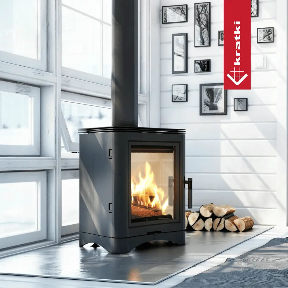 Kratki K5 houtkachel in moderne woonkamer met grote ramen en stapel brandhout.