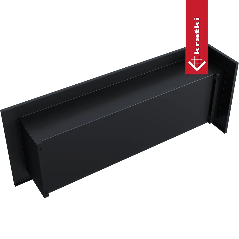 Zwarte Kratki Delta Links TÜV ventilatierooster met rode merklabel aan de rechterkant.