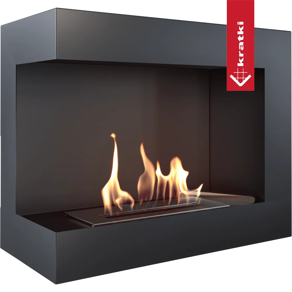 Kratki Delta Links TÜV, moderne zwarte haard met zichtbare vlammen en strak design.
