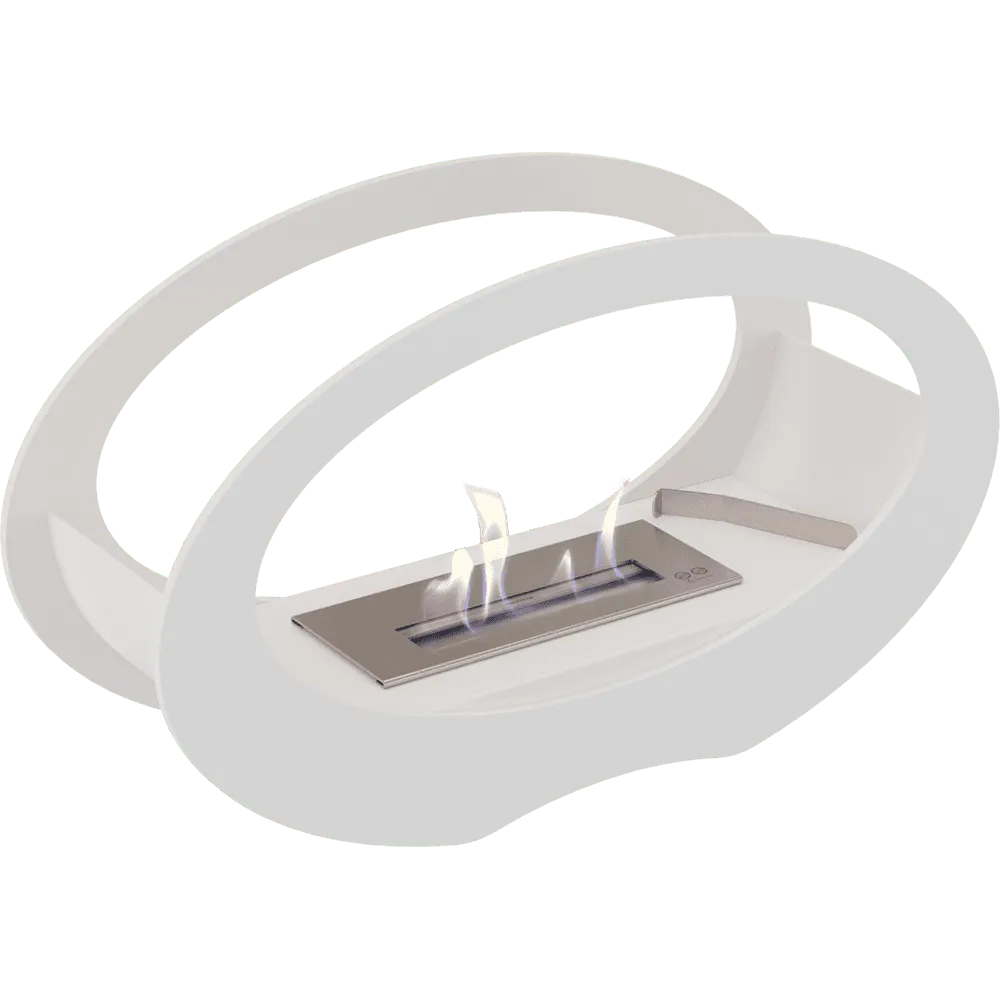 Witte, ovale bio-ethanol haard Kratki Echo met moderne, minimalistische uitstraling en vlammen in het midden.
