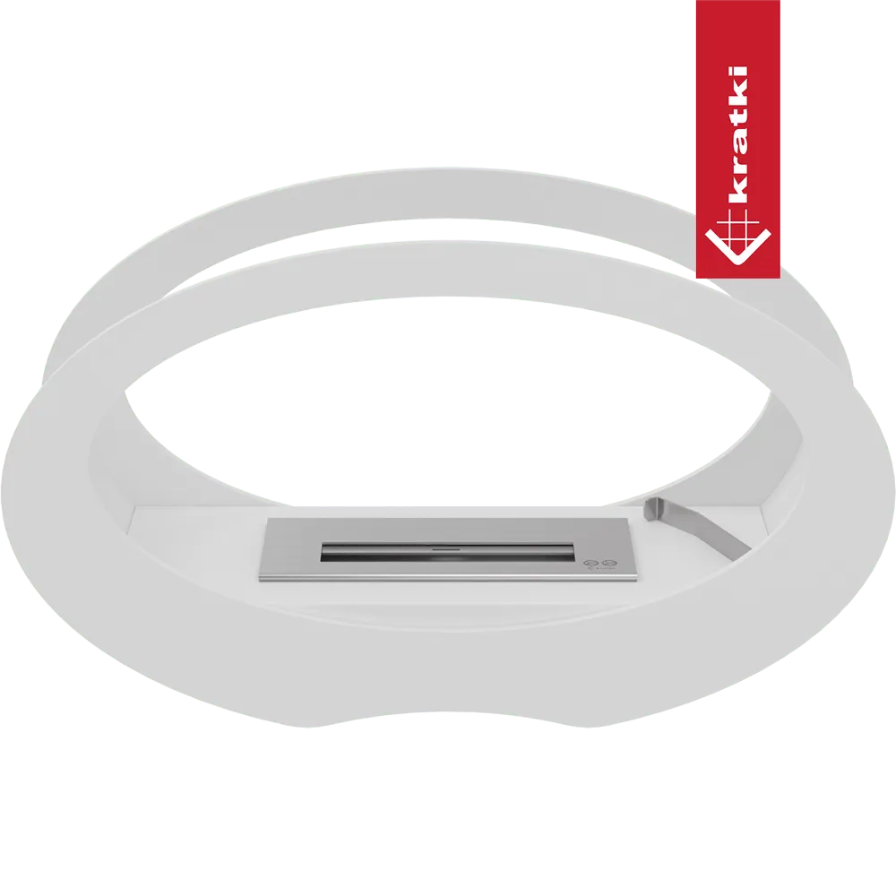 Witte, ovale Kratki Echo bio-ethanol haard met modern design en roestvrijstalen brander.