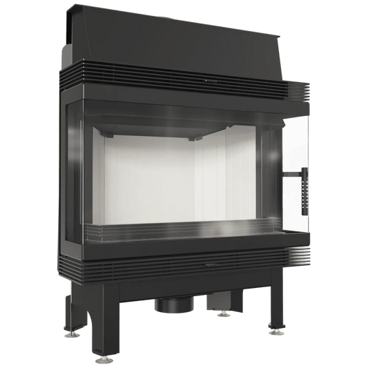 Zwarte Kratki Blanka 670/570 Links & Rechts haard met glazen zijpanelen en metalen frame.