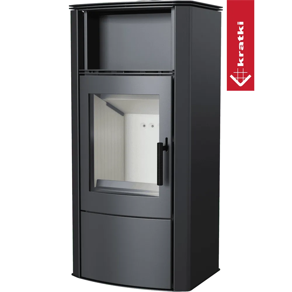 Kratki Proton houtkachel met glazen deur en strak, modern ontwerp in antracietkleur.