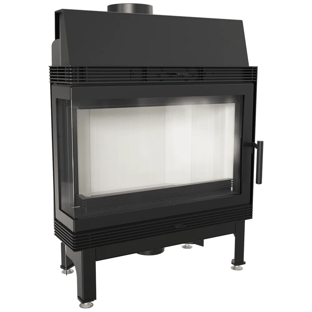 Kratki Blanka 670/570 Links, moderne zwarte houtkachel met glazen zijpaneel en metalen frame.
