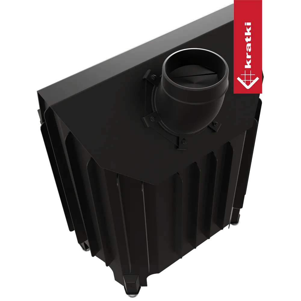 Kratki Blanka 670/570 Links, zwarte metalen haard met bovenste rookafvoer en Kratki logo.