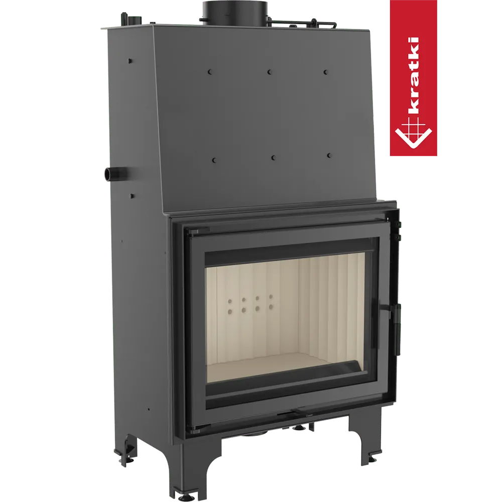 Kratki Aquario A 18 kW houtkachel met glazen deur en zwart metalen behuizing.