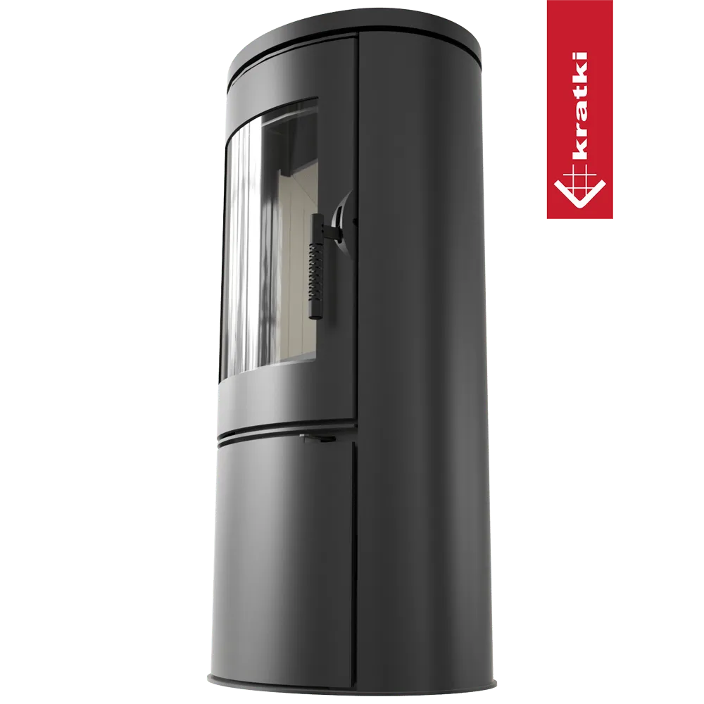 Zwarte, cilindervormige houtkachel Kratki AB met glazen deur en strak, modern ontwerp.