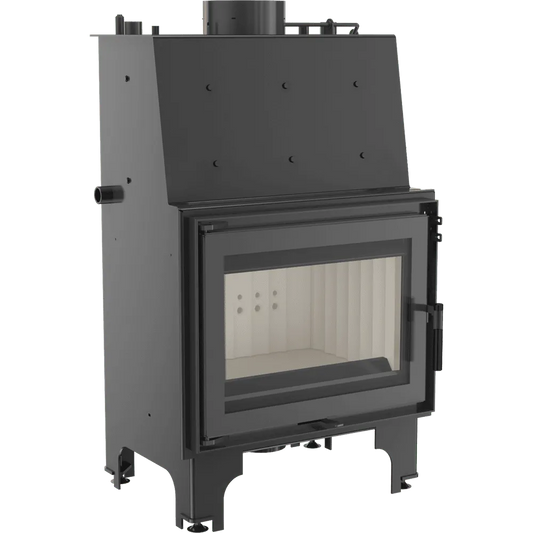 Zwarte Kratki Aquario Z 10 kW houtkachel met glazen deur en metalen frame.