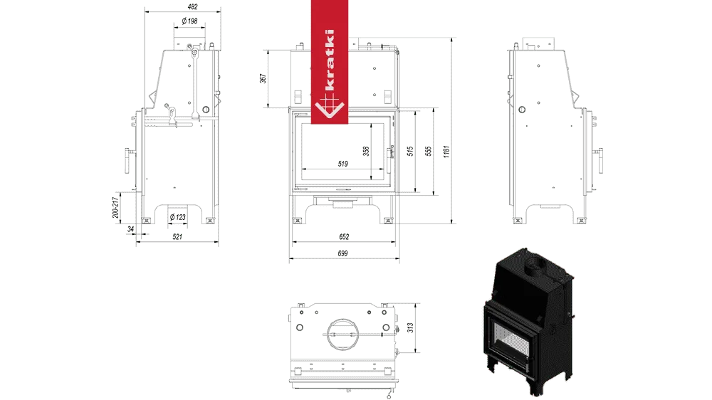 Technische tekening en afbeelding van Kratki Aquario Z 10 kW houtkachel.