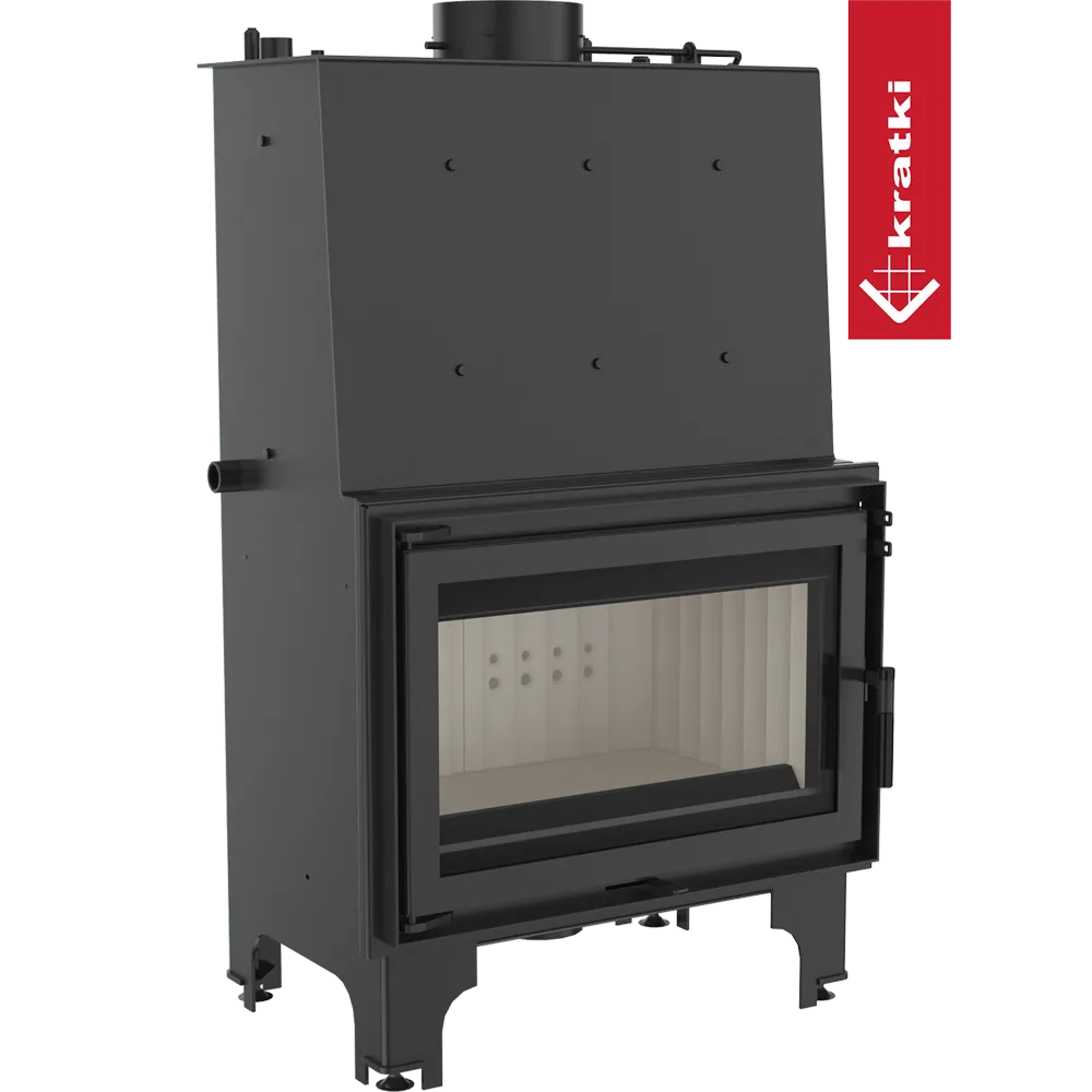 Zwarte Kratki Aquario O 16 kW houtkachel met glazen deur en metalen behuizing.