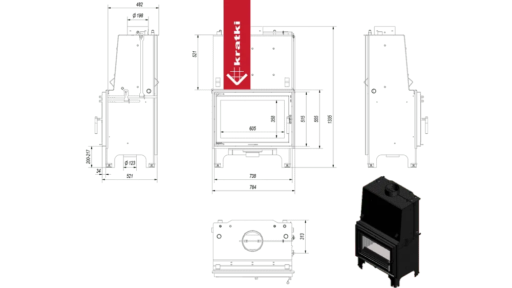 Technische tekening en afbeelding van Kratki Aquario O 16 kW houtkachel.