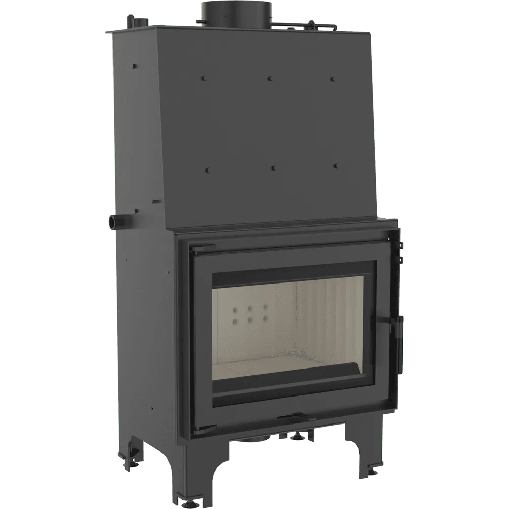 Zwarte Kratki Aquario Z 14 kW houtkachel met glazen deur en metalen frame.