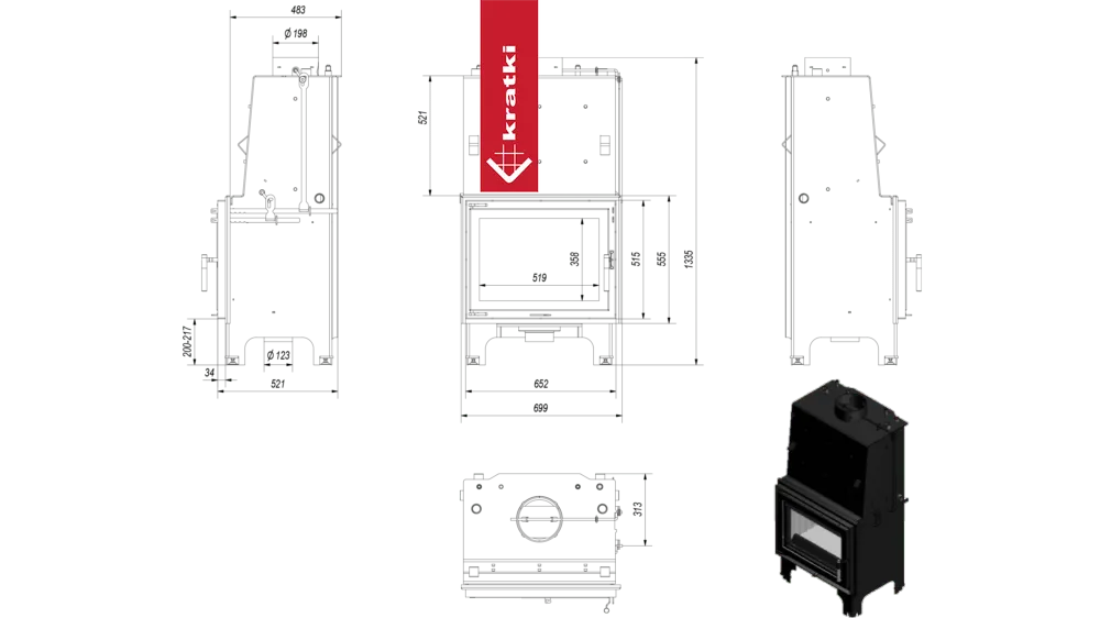 Technische tekening en afbeelding van Kratki Aquario Z 14 kW houtkachel.
