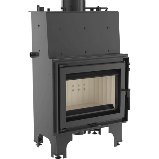 Kratki Aquario M 8 kW houtkachel met glazen deur en zwart metalen behuizing.