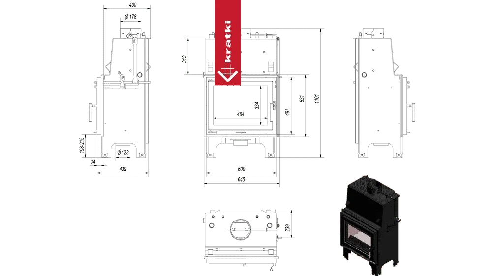 Technische tekening en afbeelding van Kratki Aquario M 8 kW houtkachel.