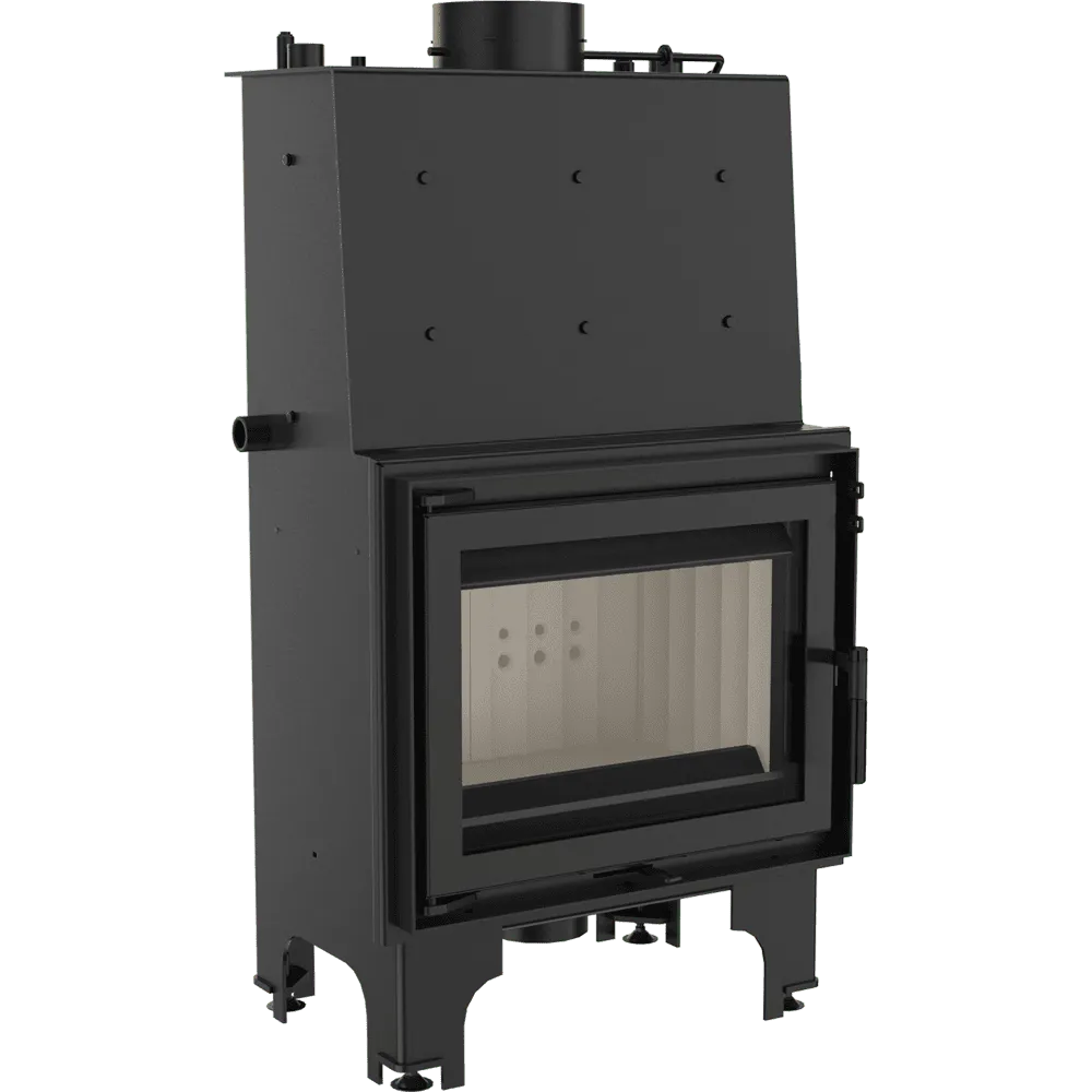 Kratki Aquario M 12 kW houtkachel met glazen deur en zwart metalen behuizing.