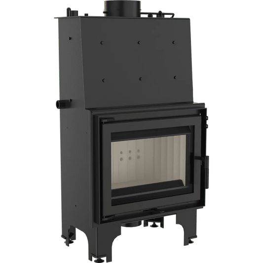 Kratki Aquario M 12 kW houtkachel met glazen deur en zwart metalen behuizing.