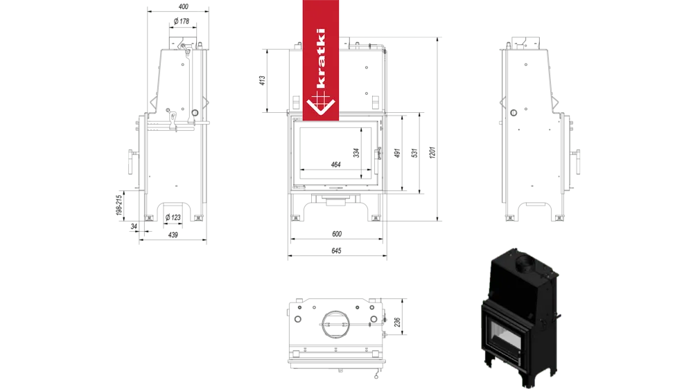 Technische tekening en afbeelding van Kratki Aquario M 12 kW houtkachel.