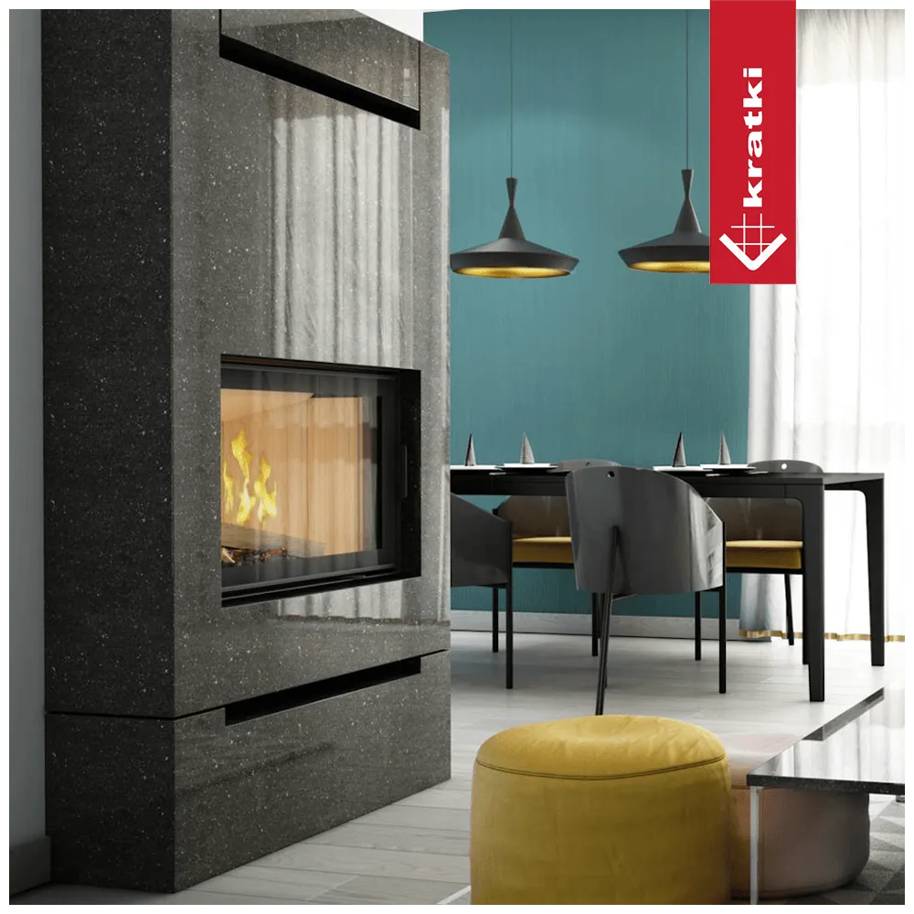 Kratki Nadia 12 kW haard in moderne woonkamer met gele poef en eettafel.