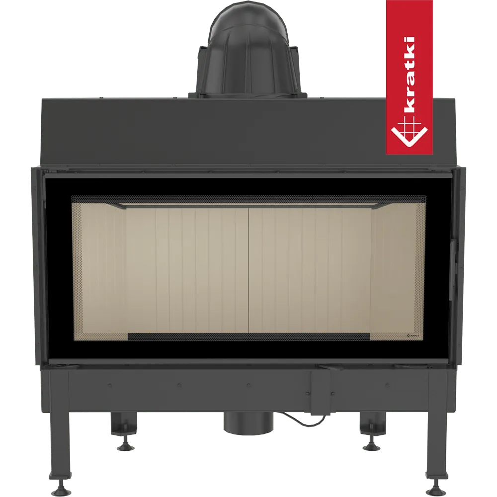 Zwarte Kratki Nadia 14 kW houtkachel met glazen deur en beige binnenkant.