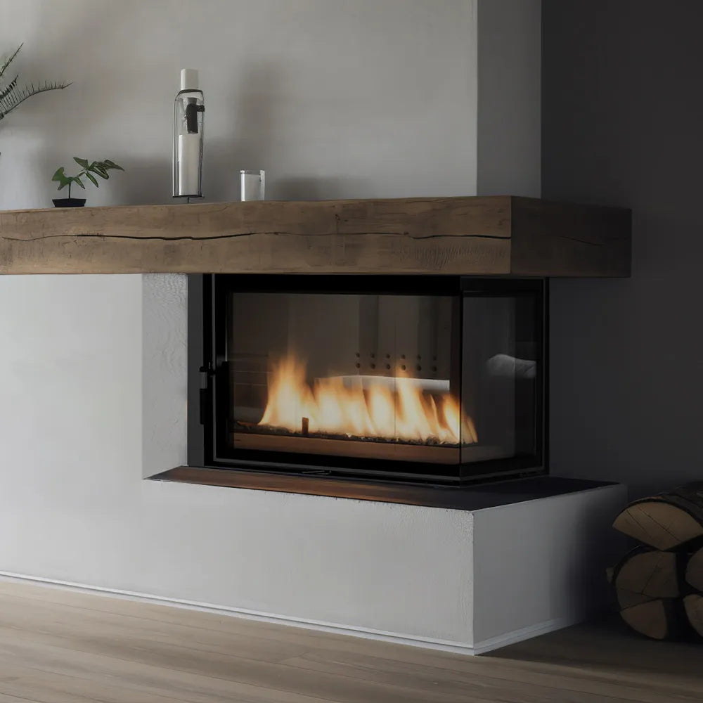 Kratki MBA CV Rechts, moderne hoekhaard met houten schouw en decoratieve accessoires erbovenop.