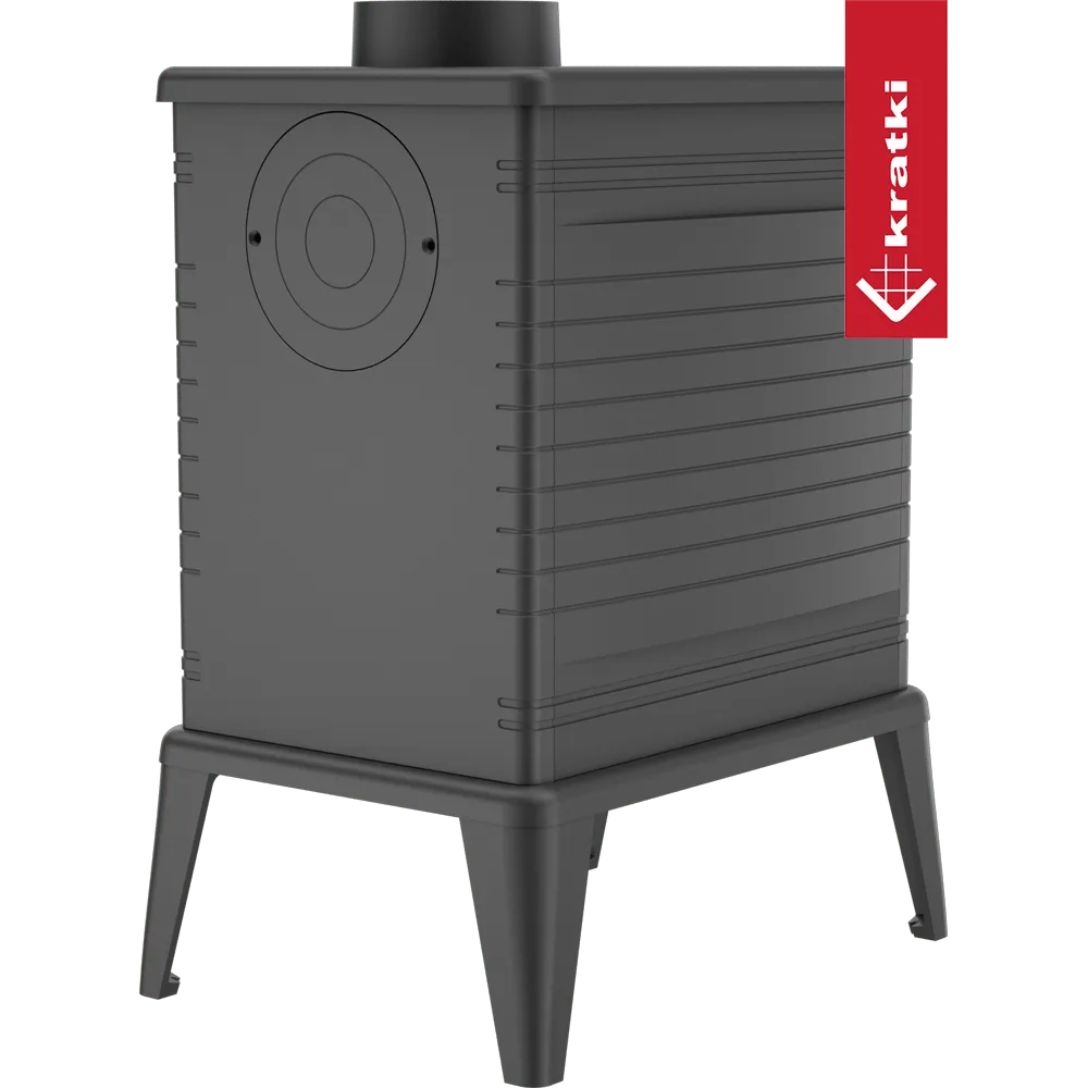 Zwarte Kratki K10 houtkachel met vier poten en een strak, modern ontwerp.