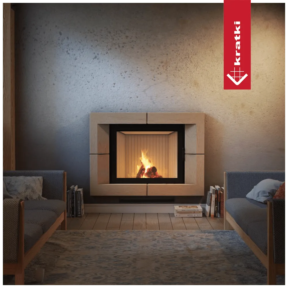 Gezellige woonkamer met Kratki Nadia 13 kW haard, omringd door comfortabele zitplaatsen.