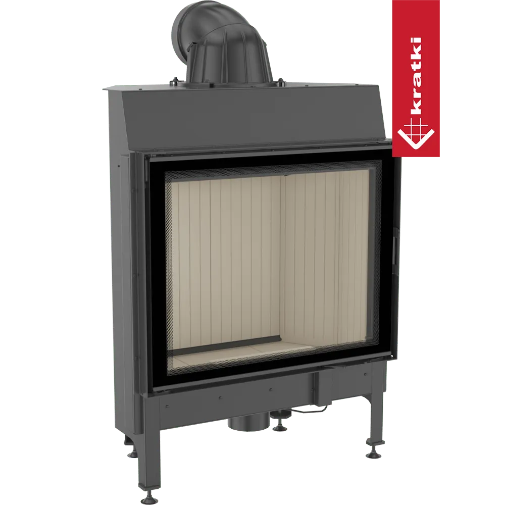 Kratki Nadia 13 kW houtkachel met glazen deur en zwart metalen frame.
