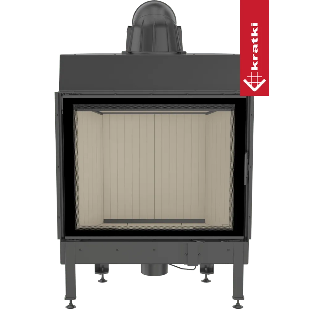 Kratki Nadia 13 kW houtkachel met glazen deur en zwart metalen frame.