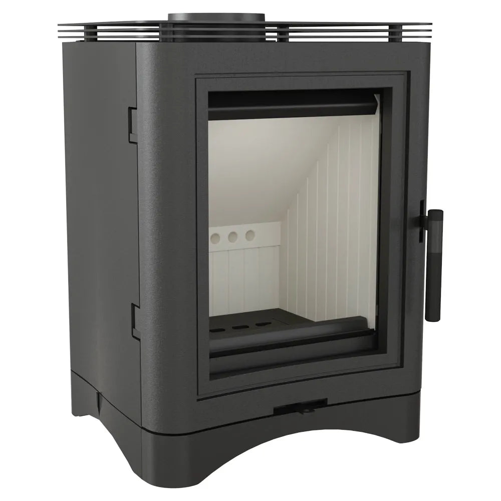 Zwarte houtkachel Kratki K5 met glazen deur en moderne, strakke vormgeving.