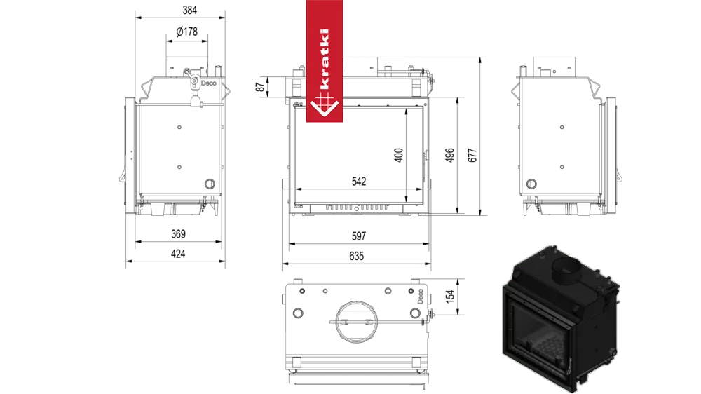 Technische tekening en afmetingen van de Kratki Maja CV houtkachel.
