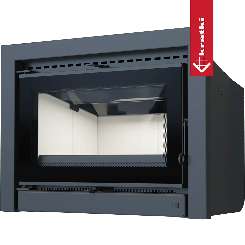 Kratki Kaseta KDZ K, moderne inbouwhaard met glazen deur en strak zwart metalen frame.