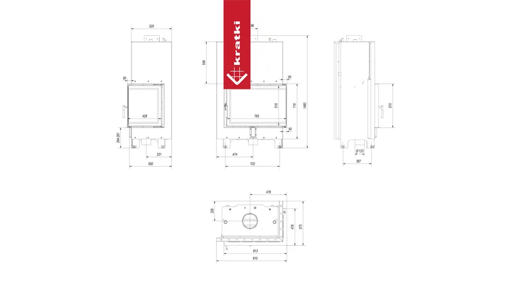Technische tekening van Kratki MBA CV Rechts met gedetailleerde afmetingen en specificaties.