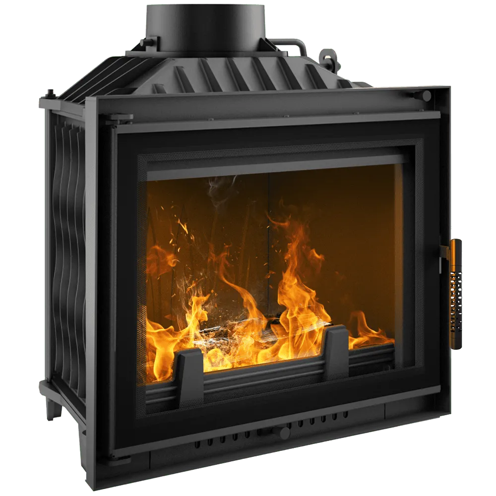 Kratki Antek houtkachel met brandend vuur, zwart metalen frame en glazen deur.