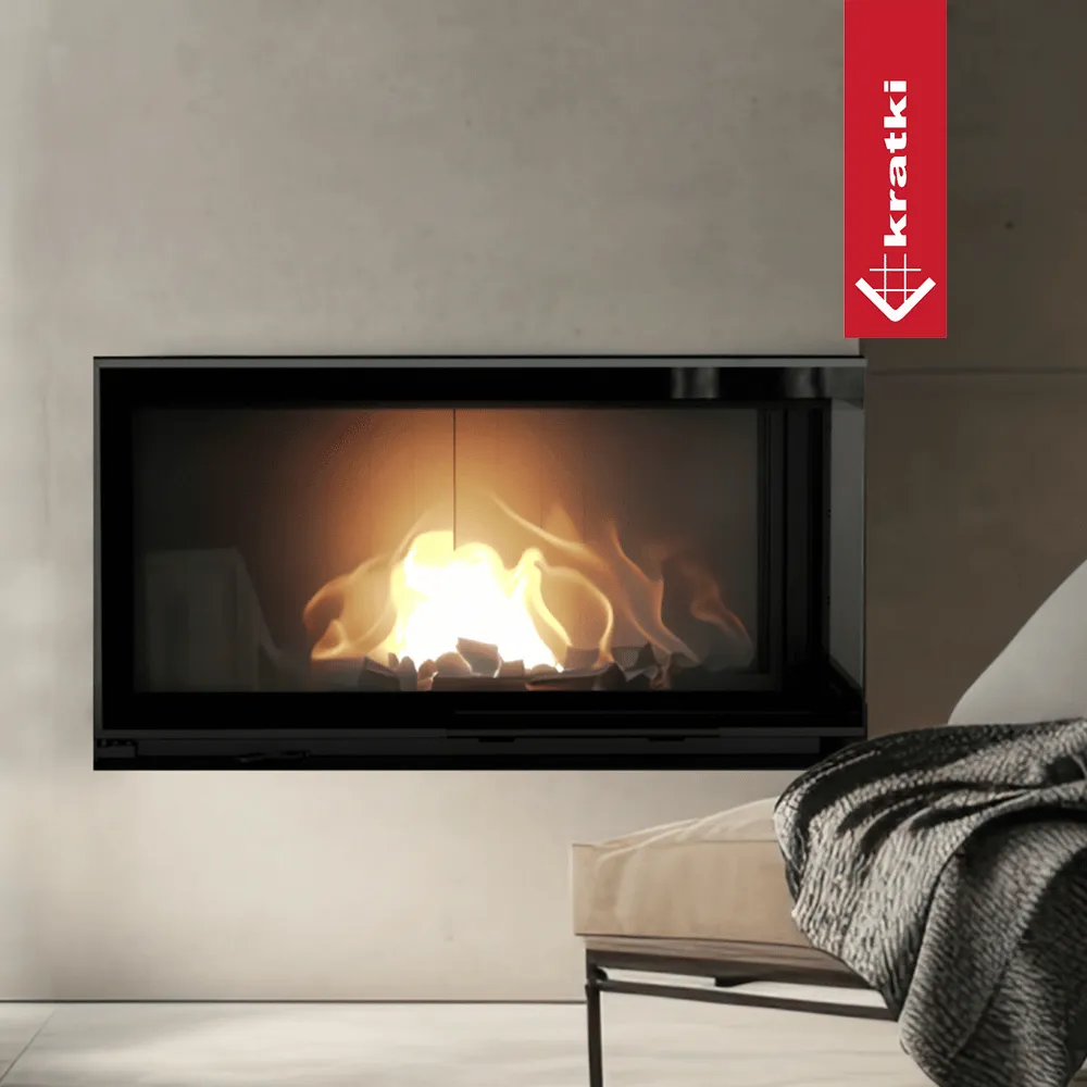 Kratki Nadia 14 kW Rechts, moderne inbouwhaard met sfeervol brandend vuur in een minimalistisch interieur.
