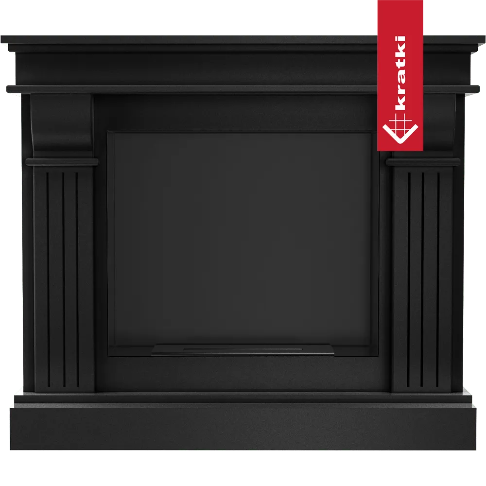 Zwarte klassieke haardmantel Kratki August TÜV met zuilen en decoratieve details.