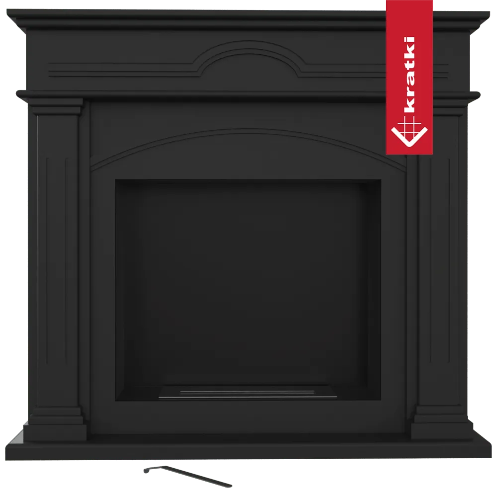 Zwarte klassieke open haard Kratki December TÜV met decoratieve kolommen en boogdetails.
