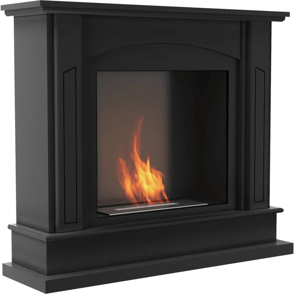 Zwarte Kratki February TÜV haard met brandend vuur, klassieke en elegante uitstraling.