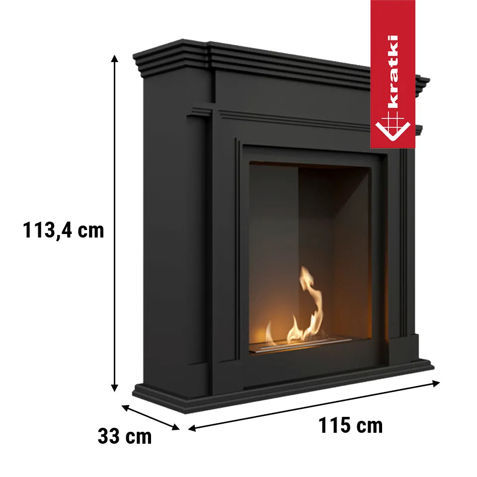 Zwarte Kratki Legionis TÜV haard met afmetingen 113,4 cm hoog, 115 cm breed, 33 cm diep.