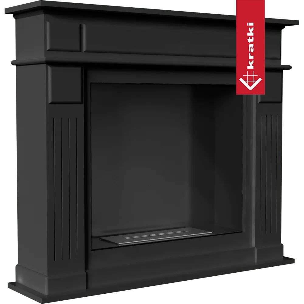 Zwarte, klassieke open haard Kratki November TÜV met decoratieve kolommen en strakke lijnen.
