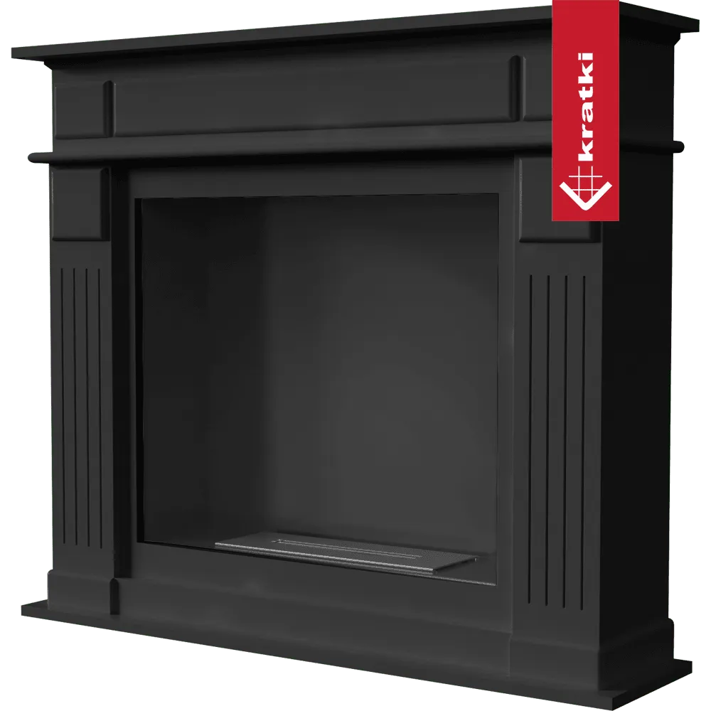 Zwarte, klassieke open haard Kratki November TÜV met decoratieve verticale lijnen en een rechthoekige opening.