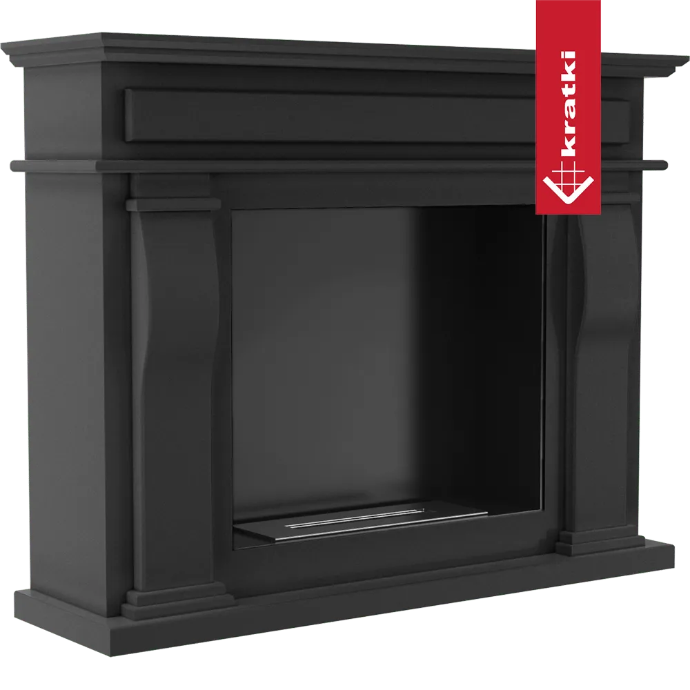 Zwarte, klassieke Kratki October TÜV haard met decoratieve kolommen en strakke lijnen.