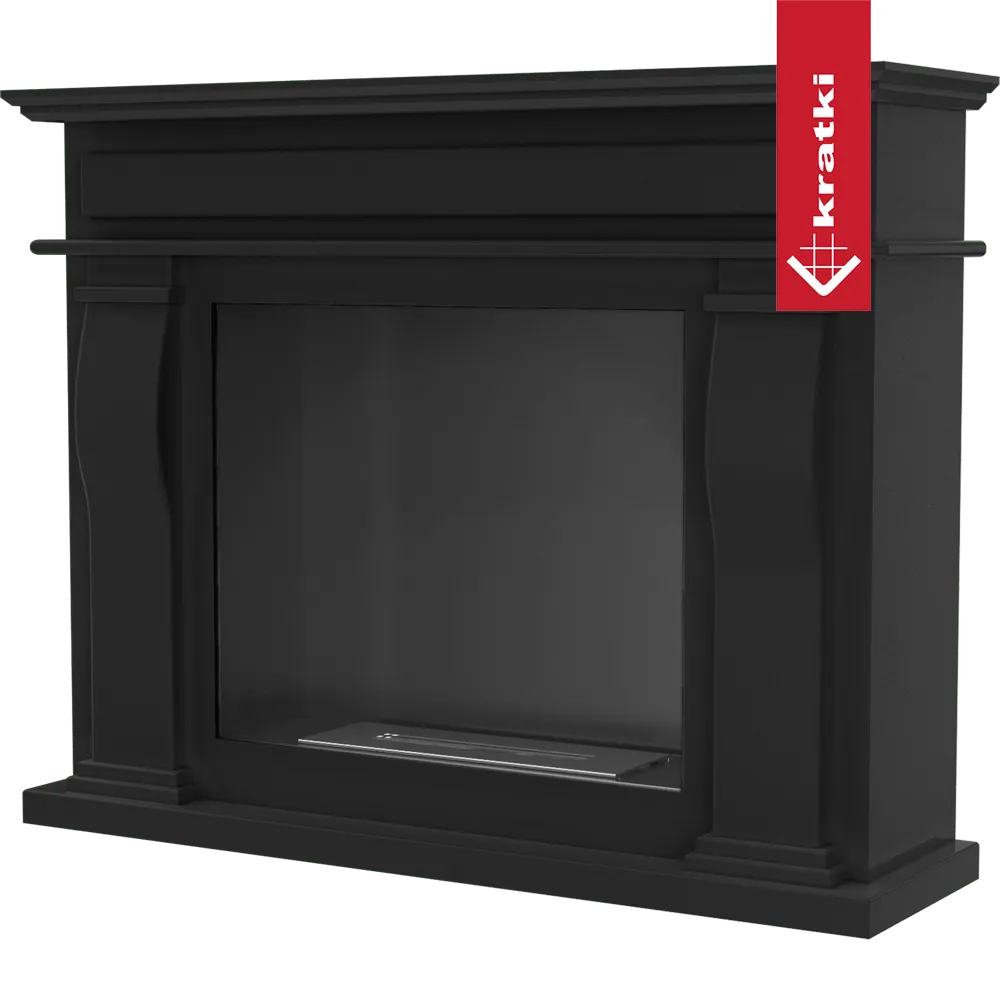 Zwarte Kratki October TÜV haard met klassiek ontwerp en decoratieve kolommen.