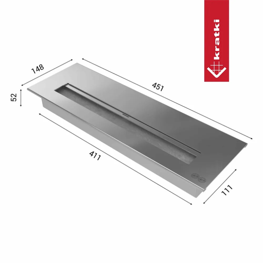 Kratki Planet TÜV bio-ethanol haard met afmetingen: 451x148x52 mm, modern en strak ontwerp.