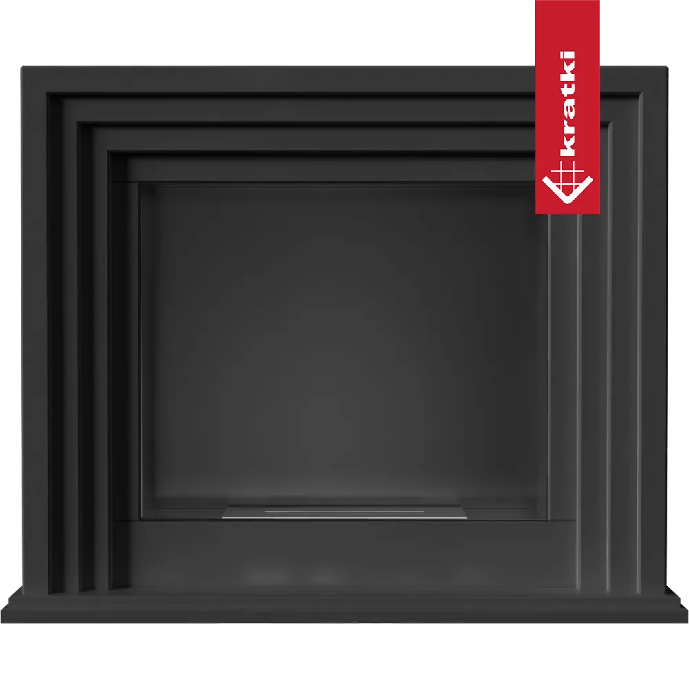 Zwarte, moderne Kratki Quaerere TÜV haard met strakke, geometrische lijnen en rood merklabel.