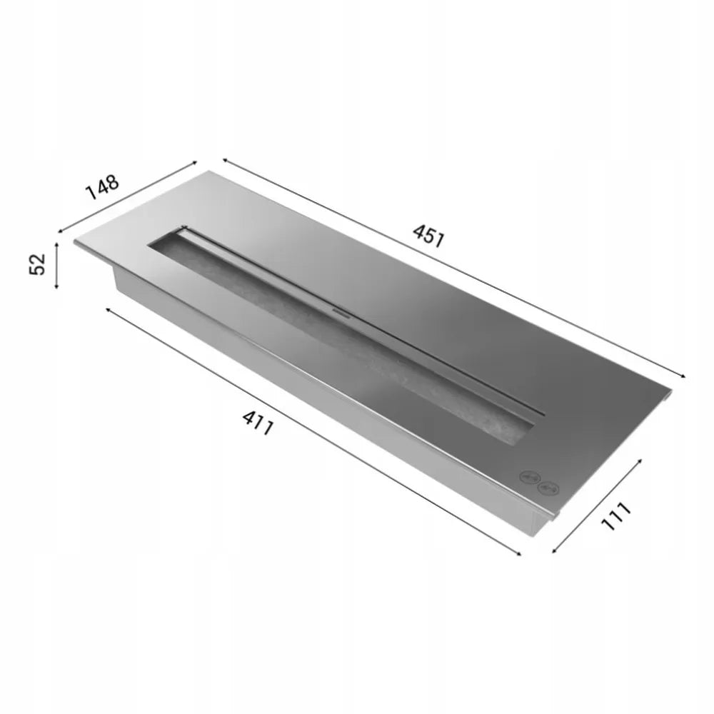 Kratki Quaerere TÜV bio-ethanol haard met afmetingen: 451x148x52 mm, modern en strak ontwerp.