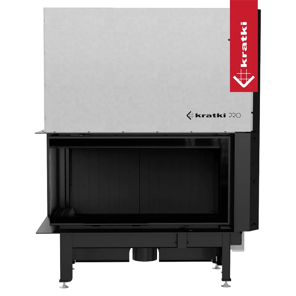 Kratki Nadia 14 kW Links, moderne inbouwhaard met zwart interieur en wit omhulsel.