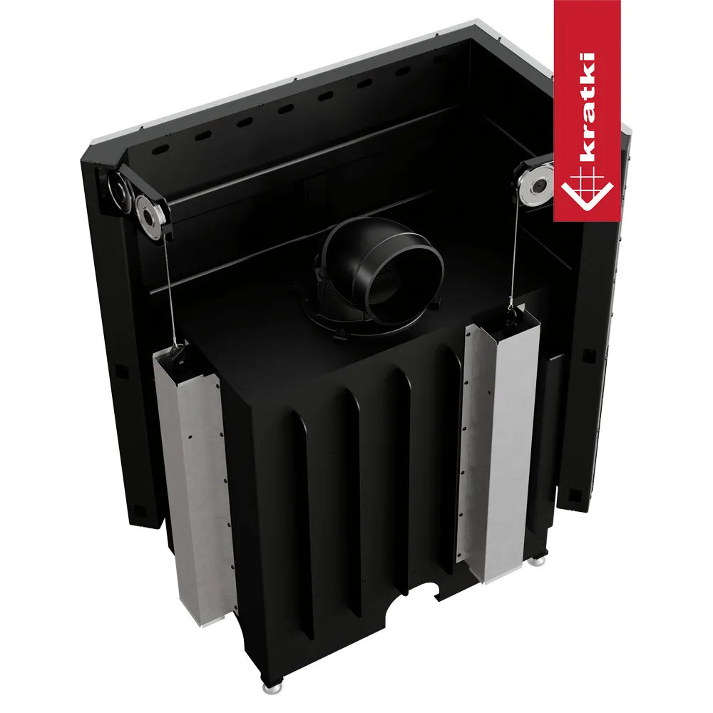 Kratki Nadia 14 kW Links, moderne zwarte houtkachel met metalen onderdelen en merklogo.