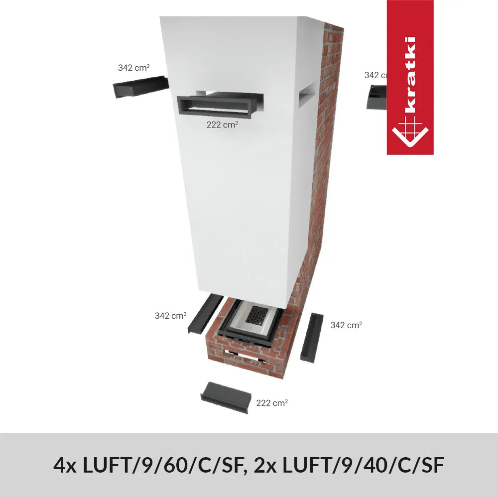 Kratki NBC 500/500 haard met afmetingen van ventilatieopeningen in een gemetselde schoorsteen.