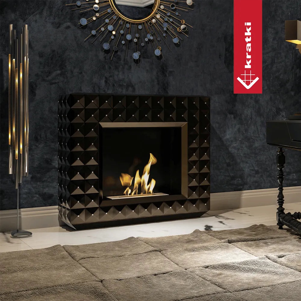 Kratki Egzul TÜV haard in een luxe woonkamer met moderne decoraties en een vloerkleed.